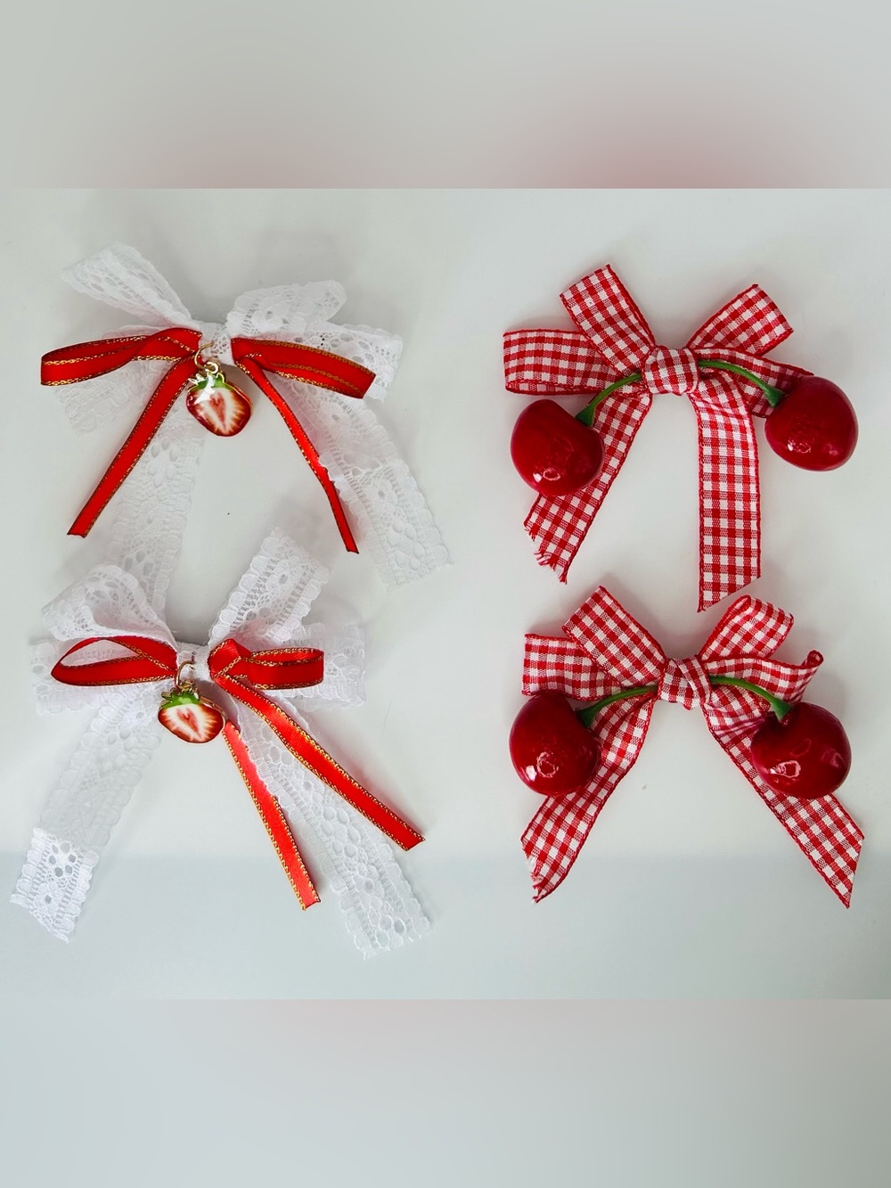 New Cute Fabric Red Ribbon Bow Clips with Fruit Charms